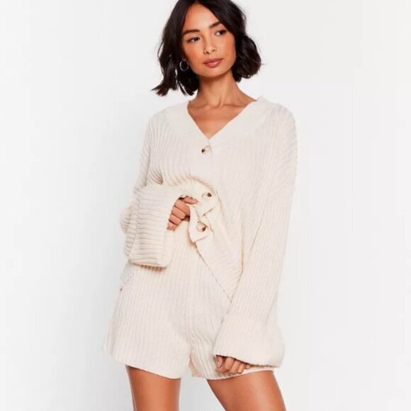 Nasty Gal Collection The Lap Of Luxury Cream Chunky Knit Loungewear Sweater Sz M - Picture 2 of 9